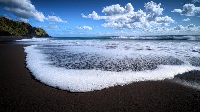 Dramatic Seascape with Black Sand Beach and Foaming Waves Under a Cloudy Sky - Powered by Adobe