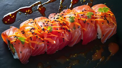 Fresh sushi rolls with red tuna elegantly displayed on a sleek black background, highlighting craftsmanship and vibrant flavors