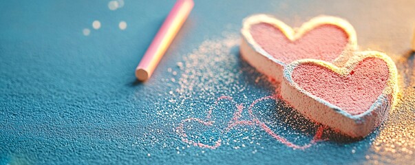 DIY Valentine's Day decorations Concept. Colorful Chalk Hearts on Blue Surface with Sparkles