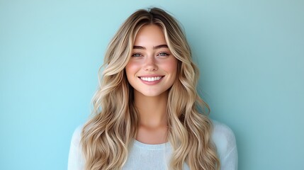 Naklejka premium A happy young woman with beautifully groomed long blonde hair is isolated on a pastel flat background, leaving space for copy.