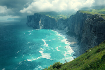 Dramatic Coastal Cliffs Ocean Waves And Cloudy Sky