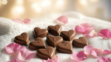 A romantic still-life of heart-shaped chocolates placed on a soft surface with pink rose petals and soft ambient light