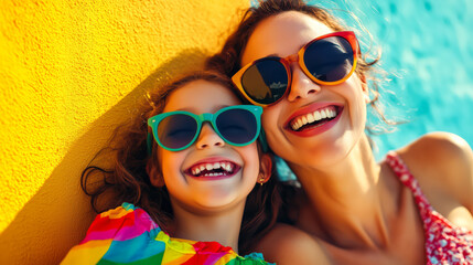 Happy mother and daughter wearing colorful sunglasses and bright outfits, lying together under the sunlight, smiling and enjoying a carefree summer day, concept of motherhood and joy