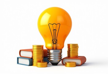 Creative Intellectual Capital: Light Bulb, Brain, Books, Flat Clip Art, Orange and Yellow Colors, Pure White Background, Detailed Design, HD Quality, Natural Light, Ideas.

