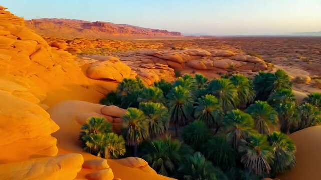 Oasis in desert with green palm trees, orange rocks and yellow sand on sunrise. Al Ula, Saudi Arabia - Aerial drone view.