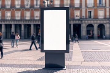 Blank advertising billboard in front of a classic building facade in madrid,ideal for mockups and marketing
