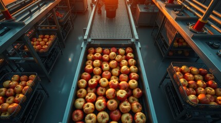 Apples on a conveyor belt in a factory setting, ready for processing.  Clean industrial equipment surrounds the fruit.