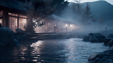 Fototapeta premium A photo of a tranquil hot springs spa with steam