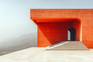 Orange Architecture Steps Leading to Entrance Overlooking Mountains