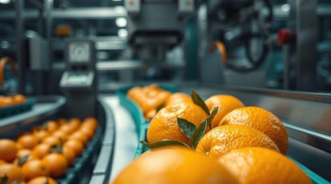 Fresh oranges on a conveyor belt in a processing facility.  A view of the automated fruit sorting and packaging line.