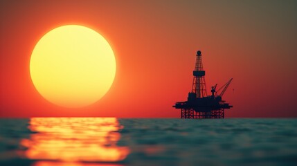 Fototapeta premium Oil rig silhouette against a vibrant sunset over the ocean.