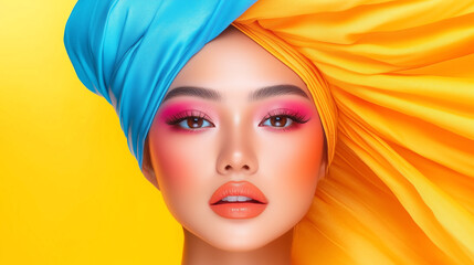 Vibrant beauty portrait with colorful headwrap and makeup