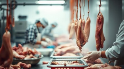 Obraz premium Meat processing plant: Workers prepare and process cuts of meat in a clean and organized facility.