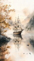 A serene landscape featuring a sailing ship on calm waters, surrounded by autumn foliage and misty mountains, creating a tranquil and picturesque scene.