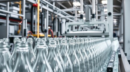 Glass bottles moving along a factory conveyor belt.  Industrial production line, automated manufacturing process.
