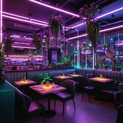Restaurant with Green Plants and Neon Lighting