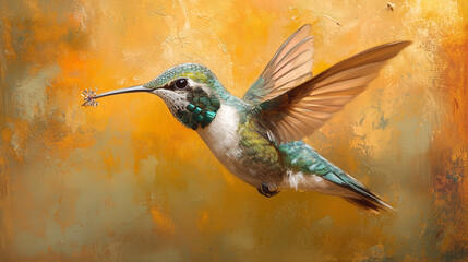 Colourful pastel watercolour of humming bird in flight.