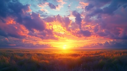 Fototapeta premium Enjoy a mesmerizing 4K time-lapse of the sunset over the field, revealing a majestic landscape adorned with beautiful natural light and colorful, rolling clouds.