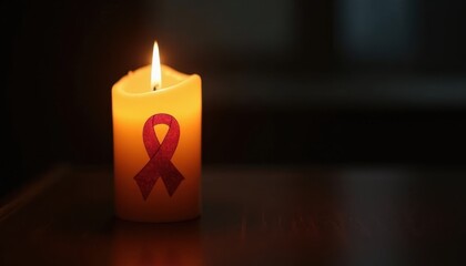 Glowing candle in dark room with ribbons tribute to cancer fighters.