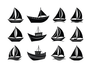 Sailboat icons set, silhouette black isolated vector art illustration