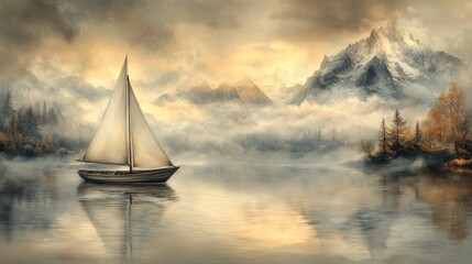 A serene landscape featuring a sailboat on calm waters, surrounded by misty mountains and soft golden hues.