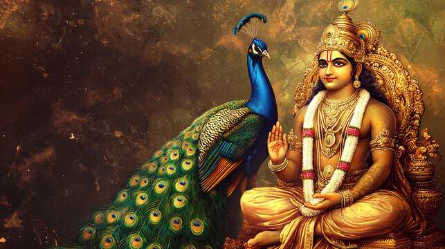 lord god Kartikeya (Murugan, Subrahmanya) seated with his Vel and peacock, Happy Thaipusam background