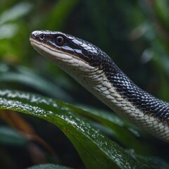 Fototapeta premium A crystal-skinned snake with shimmering scales, side-view, DSLR quality, blurred jungle.