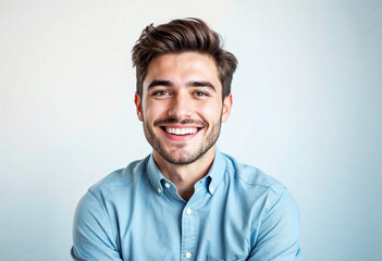 Obraz premium Young man with styled hair wearing a light blue shirt.