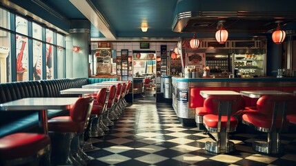 A photo of a vintage diner interior with retro jukebo