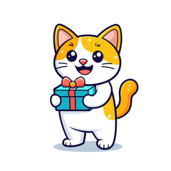 Cute Kawaii Cat Holding Gift Box in Colorful Clipart Style