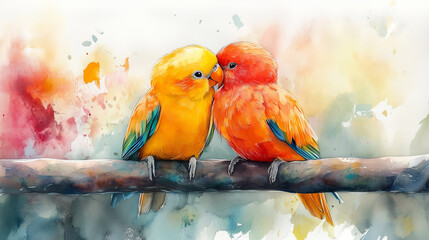 Watercolour of lovebirds cuddled up to each other.