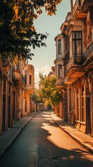 Fototapeta premium A serene street lined with vintage architecture and soft sunlight highlighting the scene.