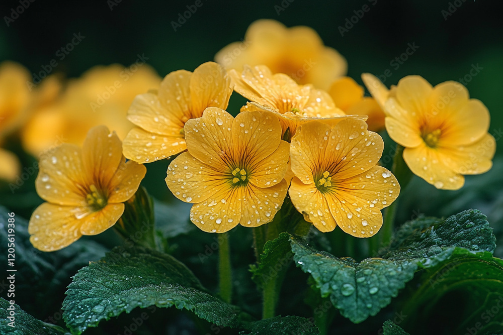 Wall mural Dew Kissed Yellow Primula Flowers Blooming Beautifully