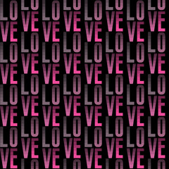 seamless pattern features the word 'LOVE' in bold, pink and gray typography on a black background, creating a stylish and modern design perfect for romantic themes