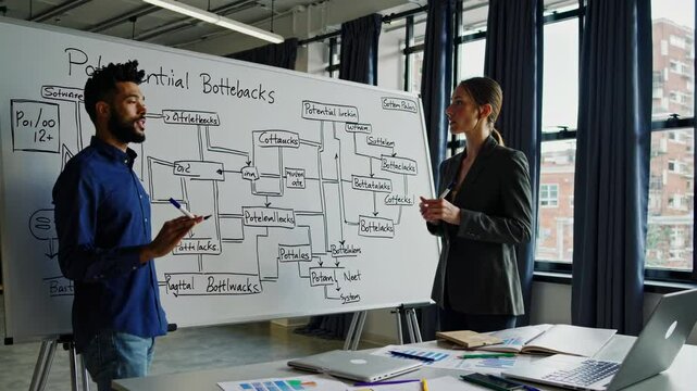 Business professionals discuss project challenges and solutions during a strategy meeting in a modern office environment