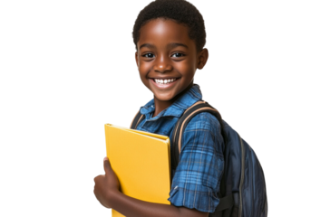 A young African American student smiling and holding a yellow book, with a backpack on their shoulder, isolated on a transparent background