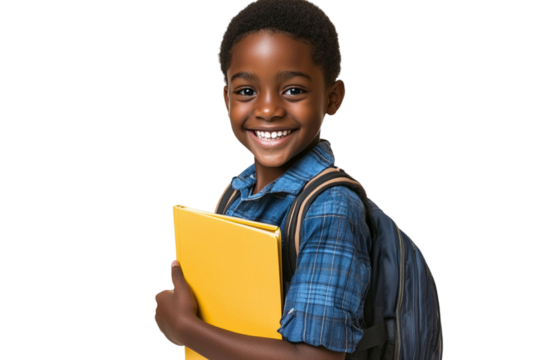 A young African American student smiling and holding a yellow book, with a backpack on their shoulder, isolated on a transparent background
