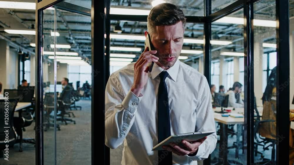 Poster Business professional having a phone conversation in modern office setting during working hours