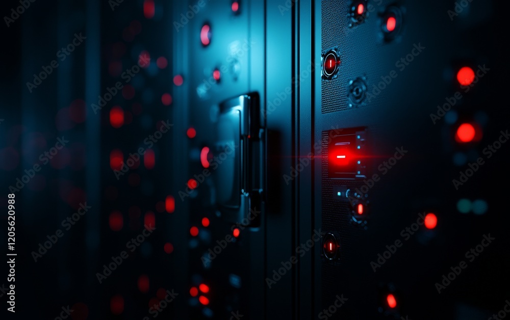 Poster a close-up of a server rack with glowing red indicators against a dark backdrop, emphasizing technol