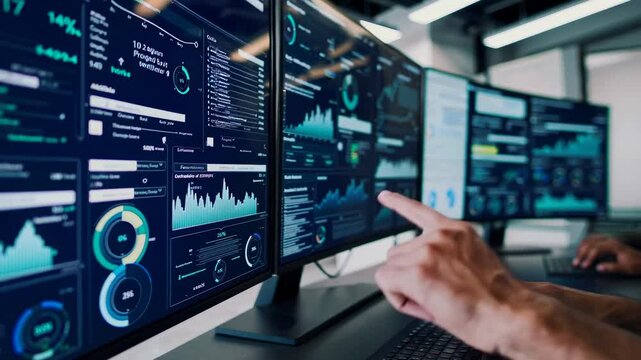 Data analysts monitor live performance metrics in a modern office environment during business hours