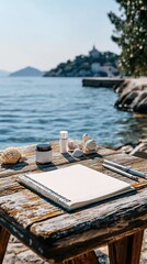 Spiral-Bound Notebook on Wooden Table Overlooking Tranquil Sea and Distant Village