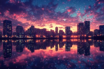 Fototapeta premium City at sunset wallpaper background.