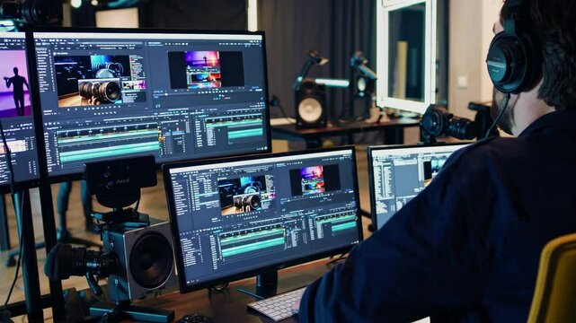 Creative video editing process in a modern studio with multiple monitors and equipment
