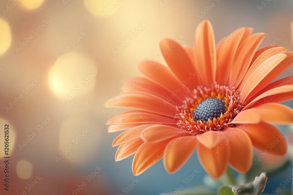 Poster a close-up of a xanthous daisy against a blurred background, its petals illuminated by soft natural 