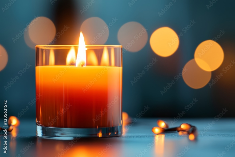 Poster a close-up of a xanthous candle flame flickering in a dimly lit room, casting warm light on nearby o