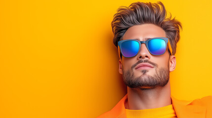 Stylish man with sunglasses poses against a yellow background