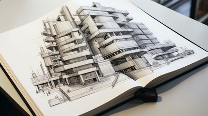 A photo of an architectural concept sketchbook.