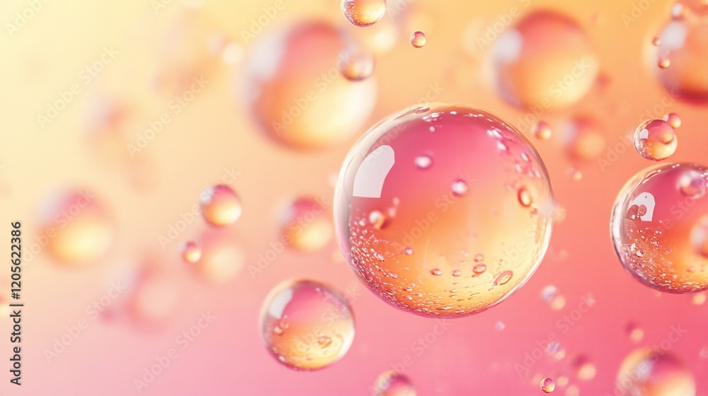 Poster abstract background with floating, translucent spheres in orange and pink hues.