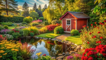 Fototapeta premium Serene Garden Oasis A Picturesque Red Shed Nestled Amongst Vibrant Blossoms and a Reflective Pond, Creating a Peaceful and Idyllic Landscape