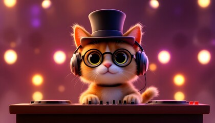 Adorable Dj Cat in Top Hat and Headphones